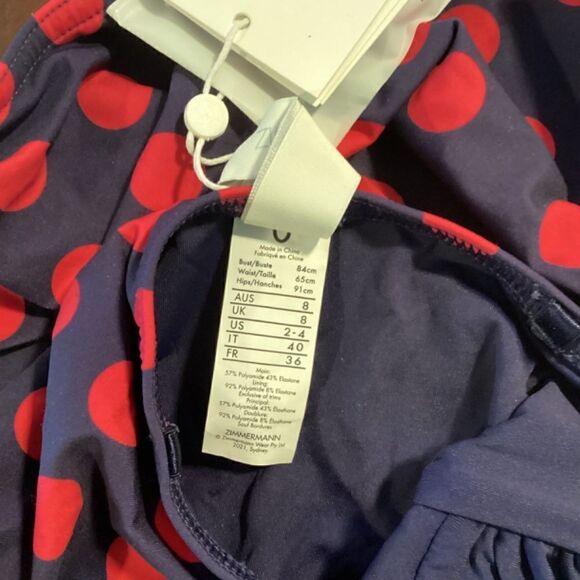 Zimmerman Ruched polka dot bandeau swimsuit Red & Navy blue NWT Size 2 - Picture 11 of 12